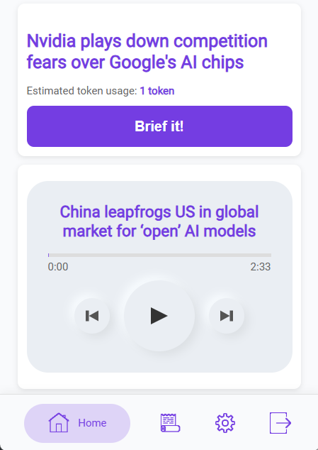 AudioBrief App Interface showing an audio player and article summary